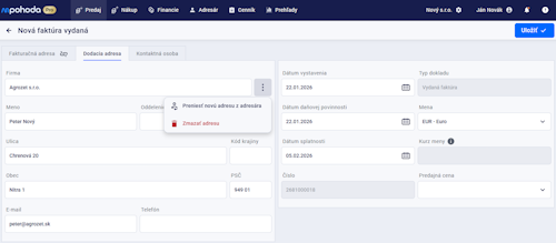 Dodacia adresa bez väzby na doklade