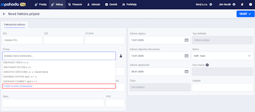 Pridanie nového dodávateľa do adresára z dokladu