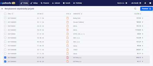 Agenda Nevybavené objednávky prijaté