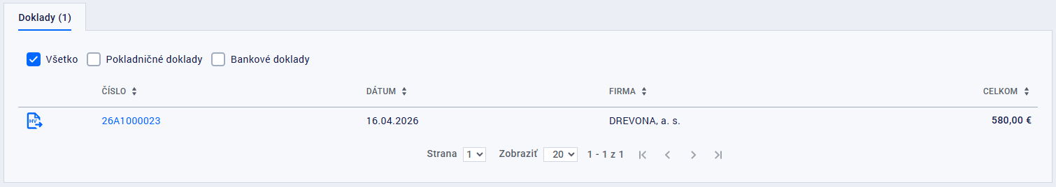 Záložka Doklady